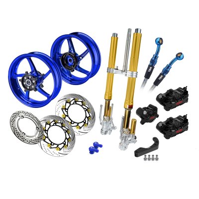  RPD Upside Down Radial (Gold/Gold), CNC Casting Wheel, Disc Rotor Tornado, Caliper, Brake Hose Teflomax Steel Plaid (Blue) for X-MAX