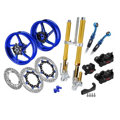  RPD Upside Down Radial (Gold/Gold), CNC Casting Wheel, Disc Rotor Matrix, Caliper, Brake Hose Teflomax Steel Plaid (Blue) for X-MAX